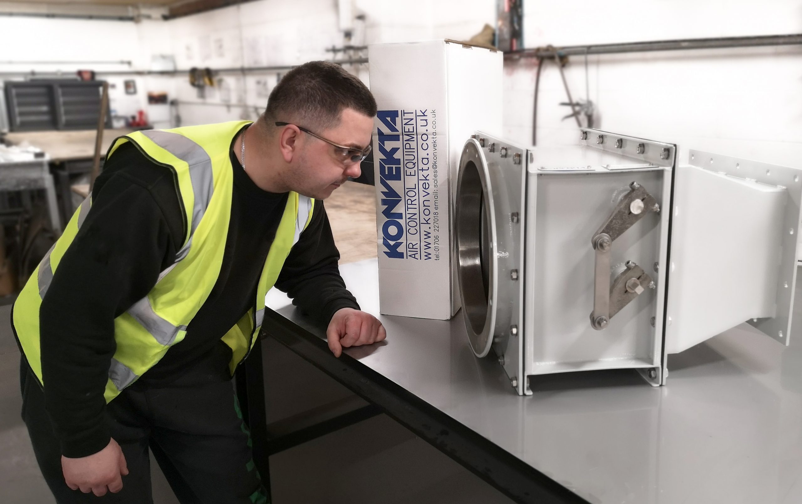 Konvekta's Lukasz Dziadzio looks over our Heavy Duty, Stainless Steel dampers destined for the Markaz Oil Storage Facility in Oman
