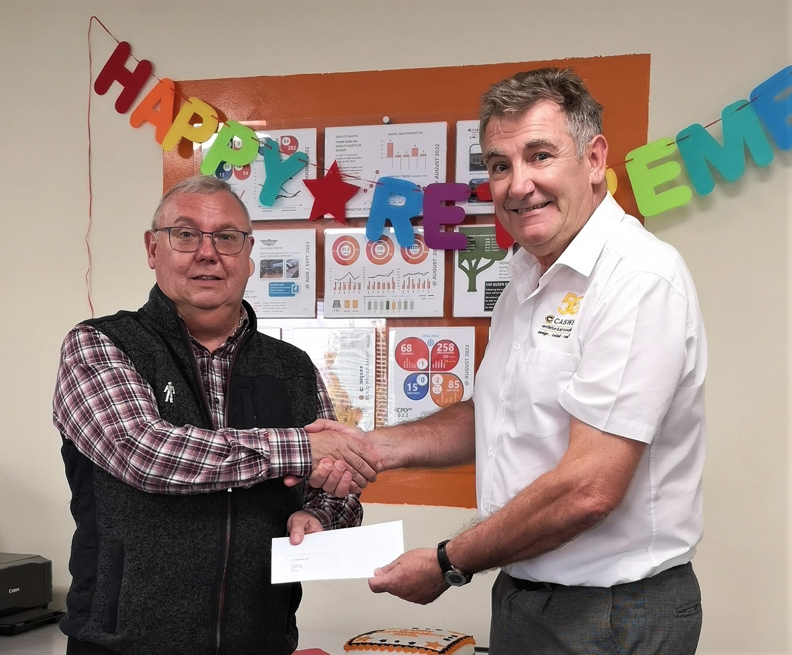 Caswell Group Chairman presents Phil Johnson with a farewell gift